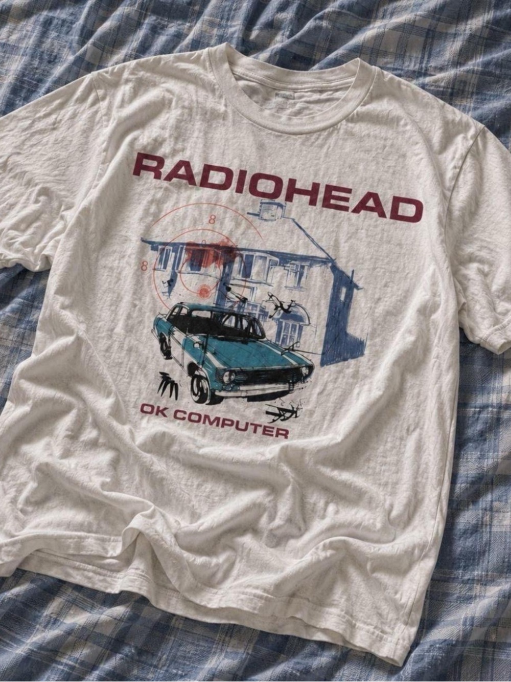 Gildan Radiohead OK Computer Tee - White with Teal and Maroon Print